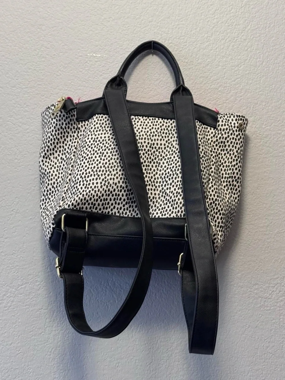 Betsey Johnson Pink Polka Dot Bow Backpack Black White Gold